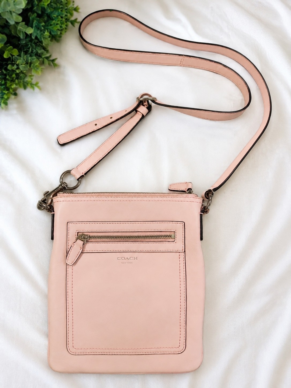 Coach Pale Pink Leather Crossbody with Front Zip Pocket